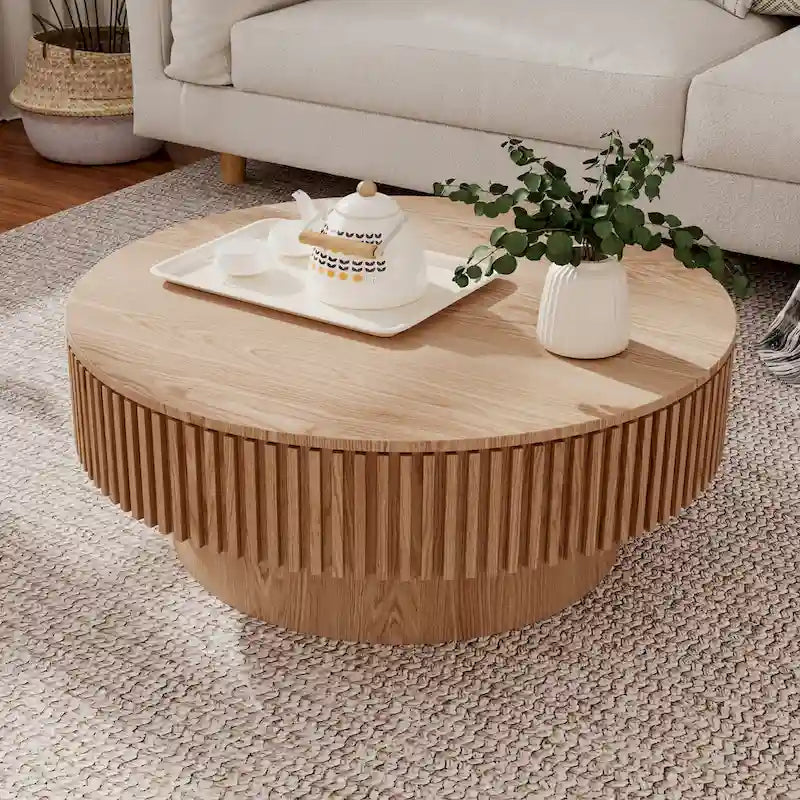 Table basse ronde moderne en placage de bois massif avec rangement