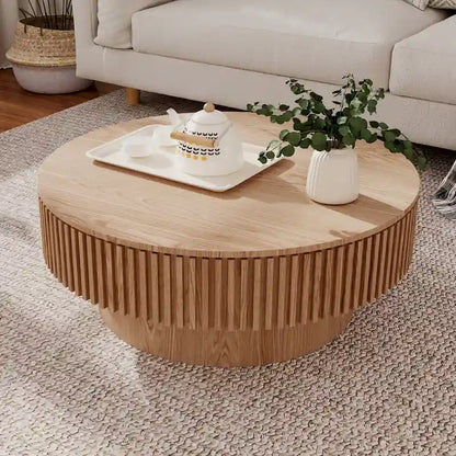 Table basse ronde moderne en placage de bois massif avec rangement