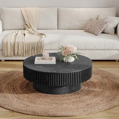 Table basse ronde moderne en placage de bois massif avec rangement