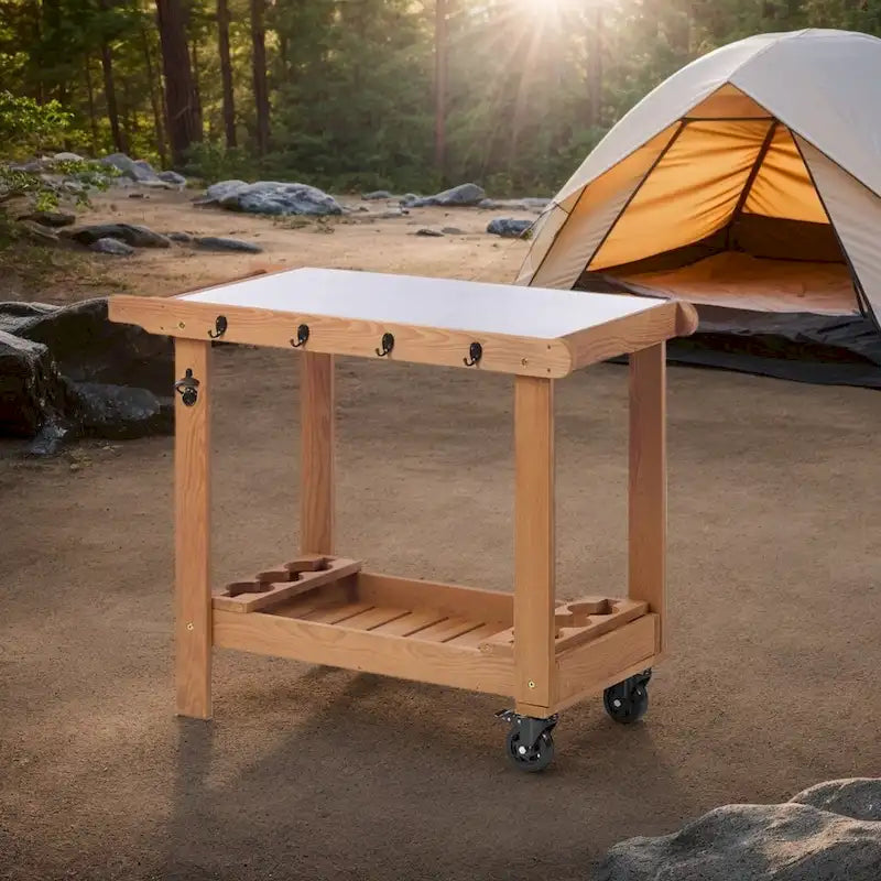 Chariot de barbecue en bois d'extérieur avec roulettes