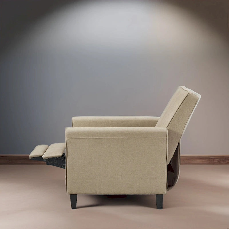 Fauteuil inclinable compact avec accoudoirs et repose-pieds réglable, idéal pour les petits espaces et parfait pour les home cinémas.