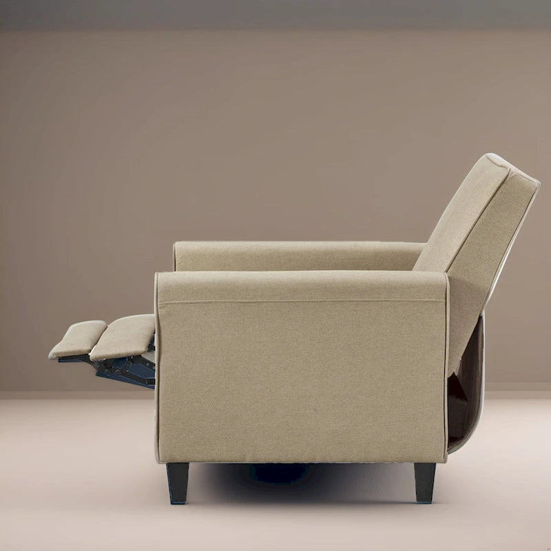 Fauteuil inclinable compact avec accoudoirs et repose-pieds réglable, idéal pour les petits espaces et parfait pour les home cinémas.