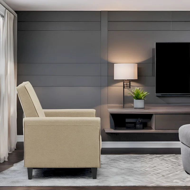 Fauteuil inclinable compact avec accoudoirs et repose-pieds réglable, idéal pour les petits espaces et parfait pour les home cinémas.