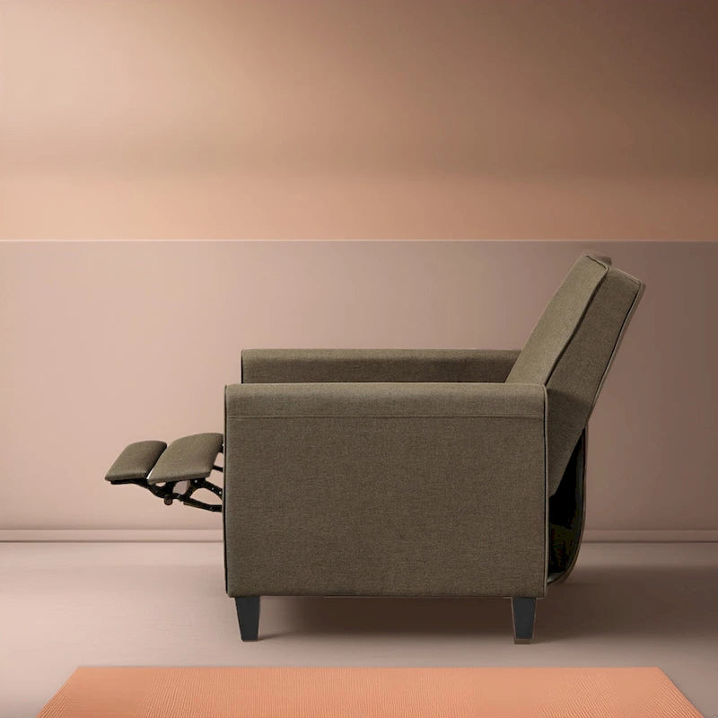 Fauteuil inclinable compact avec accoudoirs et repose-pieds réglable, idéal pour les petits espaces et parfait pour les home cinémas.