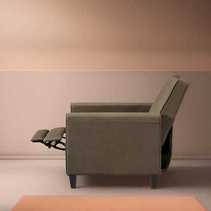 Fauteuil inclinable compact avec accoudoirs et repose-pieds réglable, idéal pour les petits espaces et parfait pour les home cinémas.