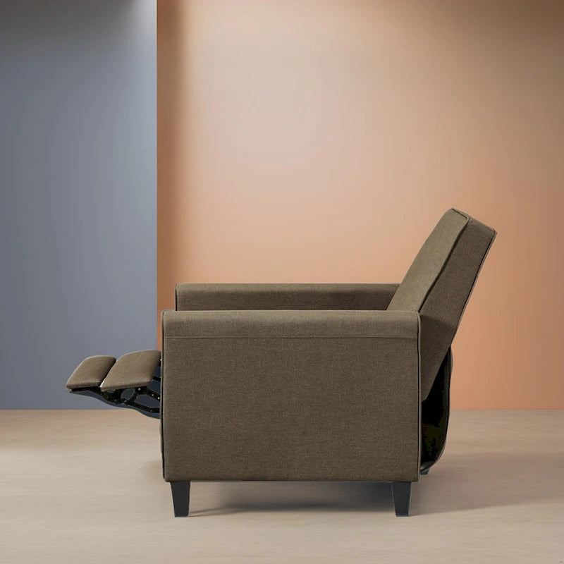 Fauteuil inclinable compact avec accoudoirs et repose-pieds réglable, idéal pour les petits espaces et parfait pour les home cinémas.