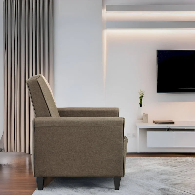 Fauteuil inclinable compact avec accoudoirs et repose-pieds réglable, idéal pour les petits espaces et parfait pour les home cinémas.