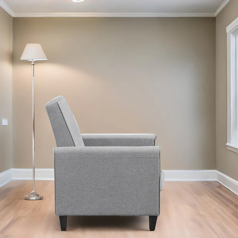 Fauteuil inclinable compact avec accoudoirs et repose-pieds réglable, idéal pour les petits espaces et parfait pour les home cinémas.
