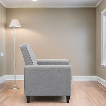 Fauteuil inclinable compact avec accoudoirs et repose-pieds réglable, idéal pour les petits espaces et parfait pour les home cinémas.