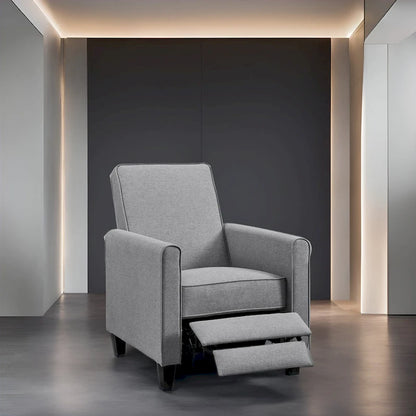 Fauteuil inclinable compact avec accoudoirs et repose-pieds réglable, idéal pour les petits espaces et parfait pour les home cinémas.