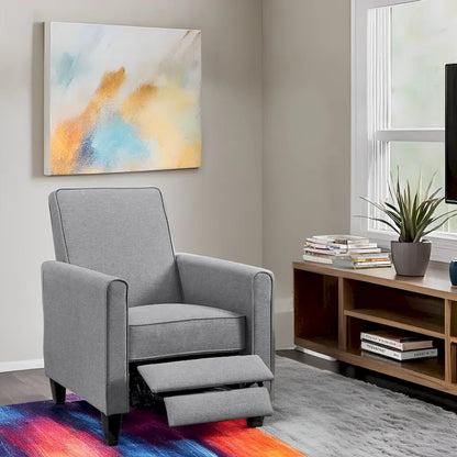 Fauteuil inclinable compact avec accoudoirs et repose-pieds réglable, idéal pour les petits espaces et parfait pour les home cinémas.