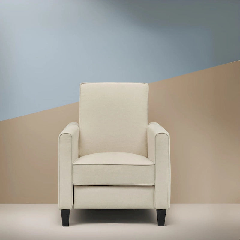 Fauteuil inclinable compact avec accoudoirs et repose-pieds réglable, idéal pour les petits espaces et parfait pour les home cinémas.