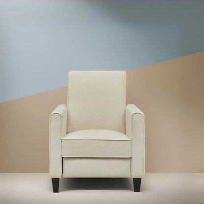 Fauteuil inclinable compact avec accoudoirs et repose-pieds réglable, idéal pour les petits espaces et parfait pour les home cinémas.