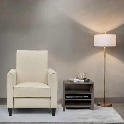 Fauteuil inclinable compact avec accoudoirs et repose-pieds réglable, idéal pour les petits espaces et parfait pour les home cinémas.