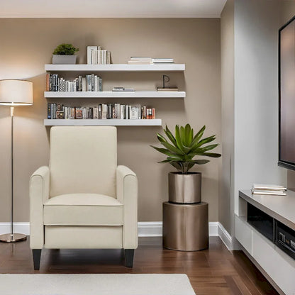 Fauteuil inclinable compact avec accoudoirs et repose-pieds réglable, idéal pour les petits espaces et parfait pour les home cinémas.