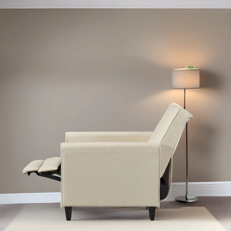 Fauteuil inclinable compact avec accoudoirs et repose-pieds réglable, idéal pour les petits espaces et parfait pour les home cinémas.