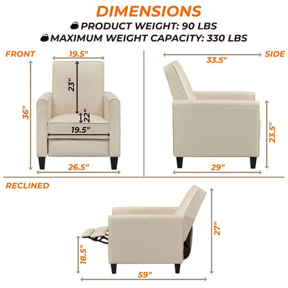 Fauteuil inclinable compact avec accoudoirs et repose-pieds réglable, idéal pour les petits espaces et parfait pour les home cinémas.