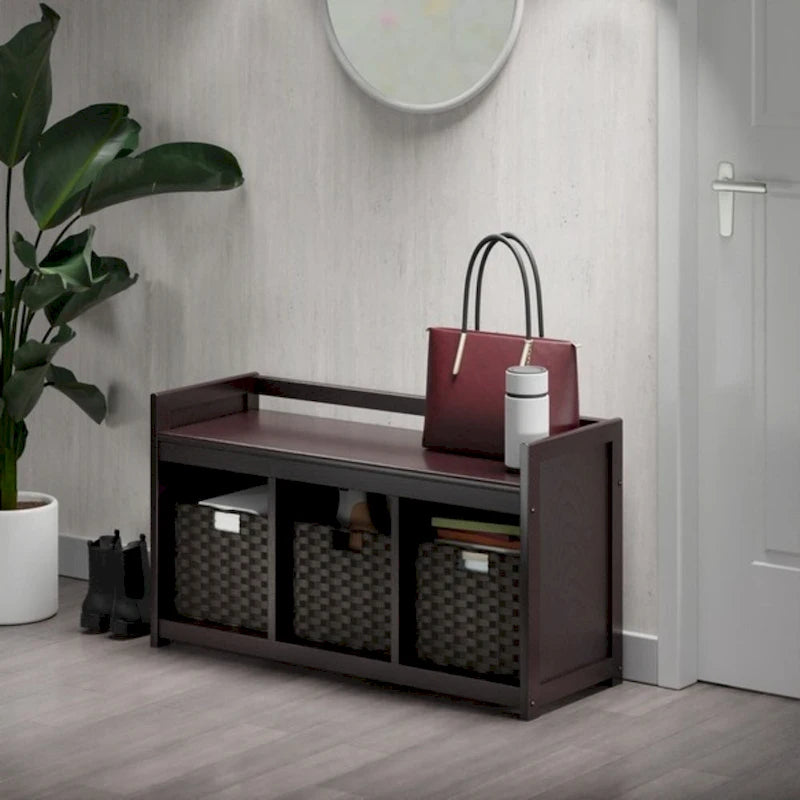 Banc de rangement 4 pièces, 3 paniers tressés pliables, 37,5 cm, couleur expresso chocolat