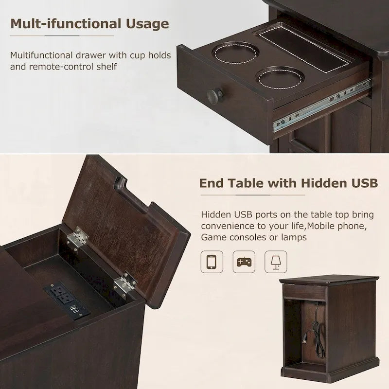 Table d'appoint avec ports USB et un tiroir multifonctionnel avec porte-gobelets