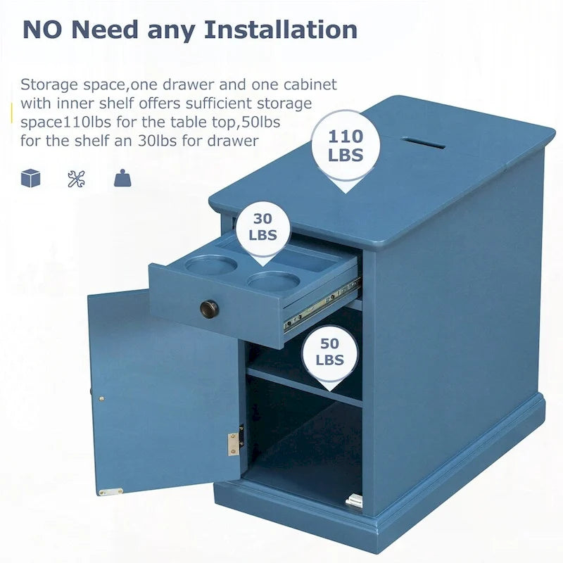 Table d'appoint avec ports USB et un tiroir multifonctionnel avec porte-gobelets