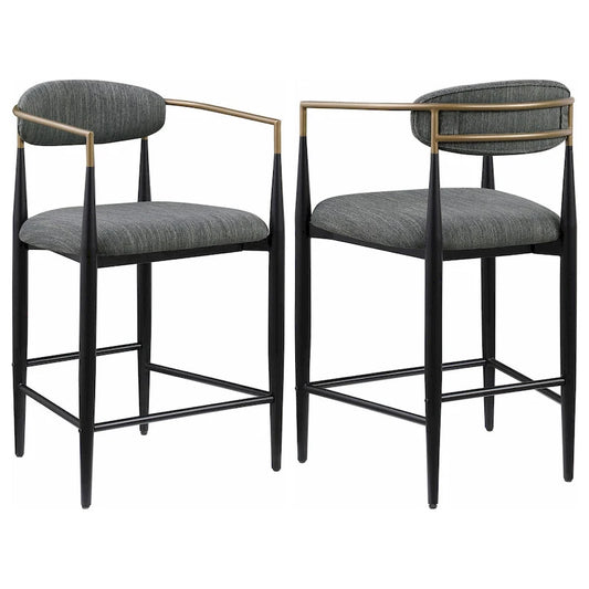 Tiara Counter Chair Set of 2, Gray Fabric, Gold, Black Metal 25 Inch