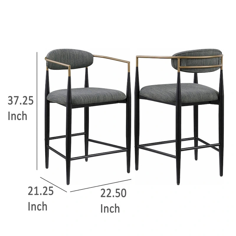 Ensemble de 2 chaises de comptoir Tiara, tissu gris, or, métal noir, 63,5 cm (25 pouces)