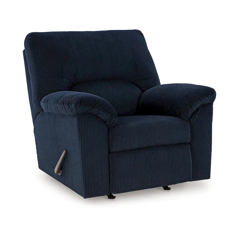 Fauteuil inclinable à bascule Simy, accoudoirs rembourrés, velours côtelé bleu marine foncé