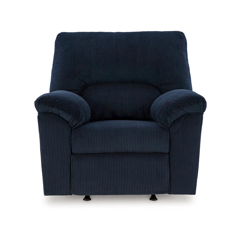 Fauteuil inclinable à bascule Simy, accoudoirs rembourrés, velours côtelé bleu marine foncé