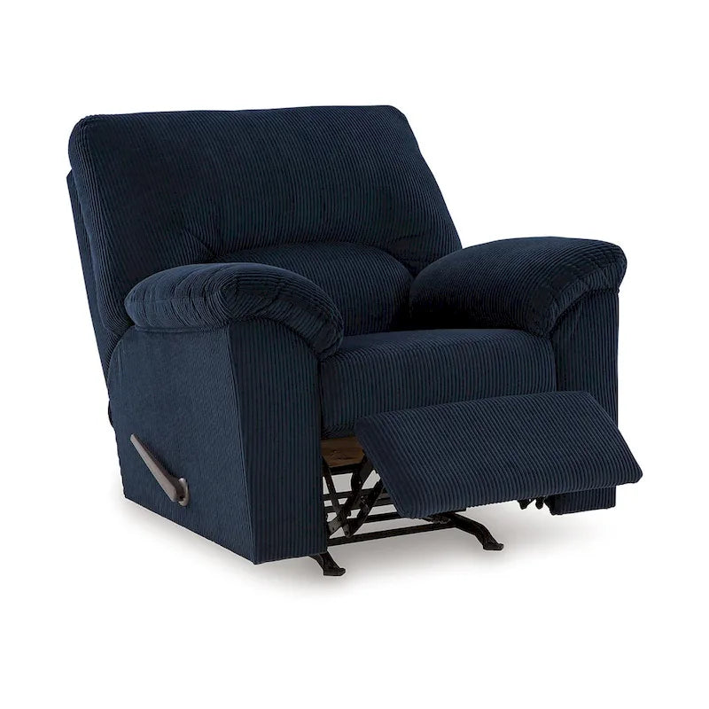 Fauteuil inclinable à bascule Simy, accoudoirs rembourrés, velours côtelé bleu marine foncé