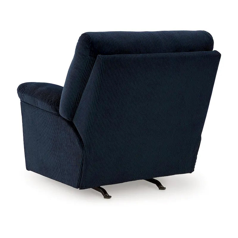 Fauteuil inclinable à bascule Simy, accoudoirs rembourrés, velours côtelé bleu marine foncé