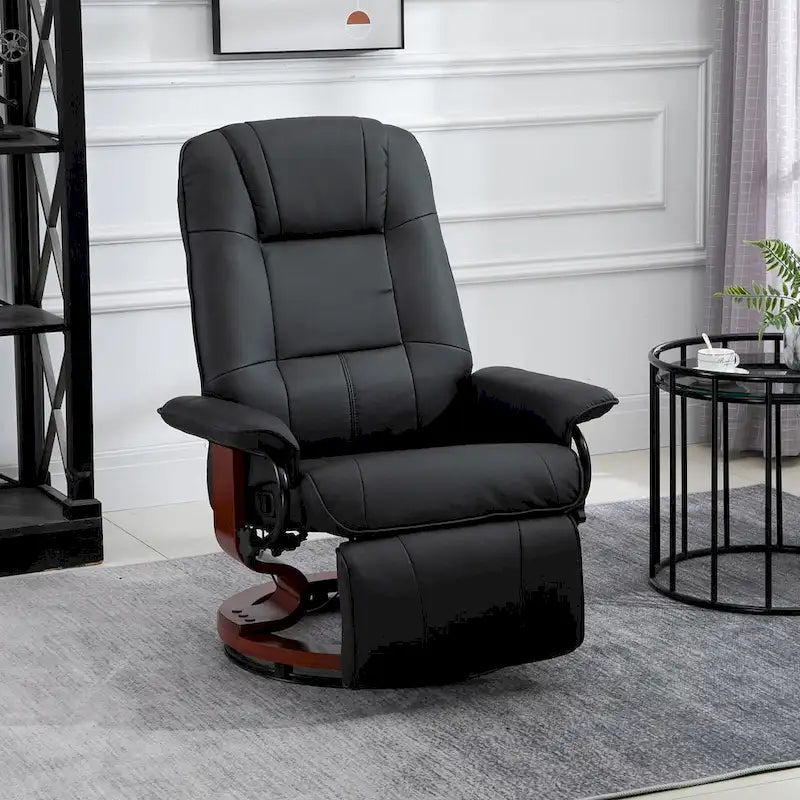 Fauteuil inclinable manuel en similicuir, fauteuil lounge moderne, fauteuil pivotant réglable avec base en bois et repose-pieds