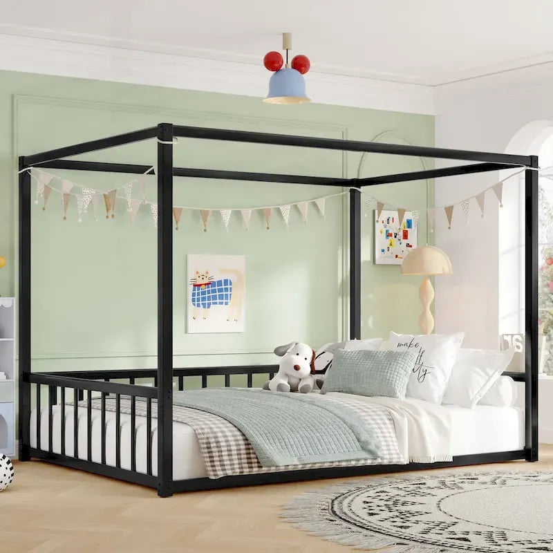Lit double moderne en fer avec barrières de sécurité multifonctionnelles et structure stable