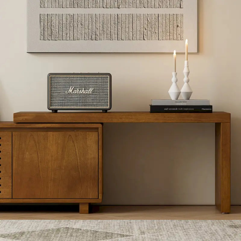 Meuble TV extensible style milieu du siècle avec 4 placards de rangement et porte ajourée pour salon.