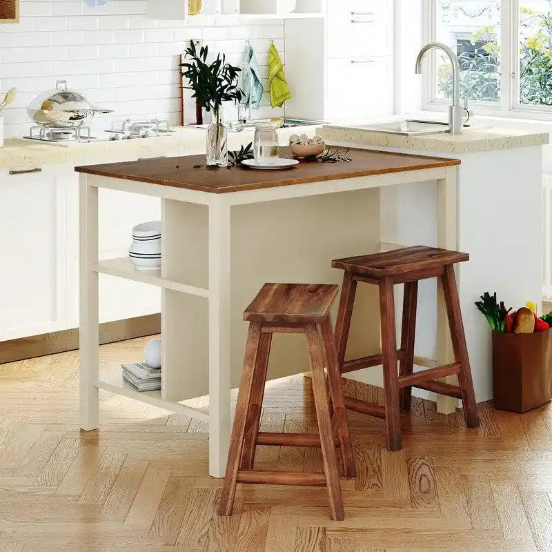 Ensemble îlot de cuisine rustique en bois massif 3 pièces : table fixe de 45 pouces avec deux tabourets et deux étagères ouvertes.