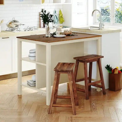 Ensemble îlot de cuisine rustique en bois massif 3 pièces : table fixe de 45 pouces avec deux tabourets et deux étagères ouvertes.