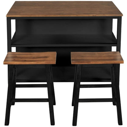 Ensemble îlot de cuisine rustique en bois massif 3 pièces : table fixe de 45 pouces avec deux tabourets et deux étagères ouvertes.