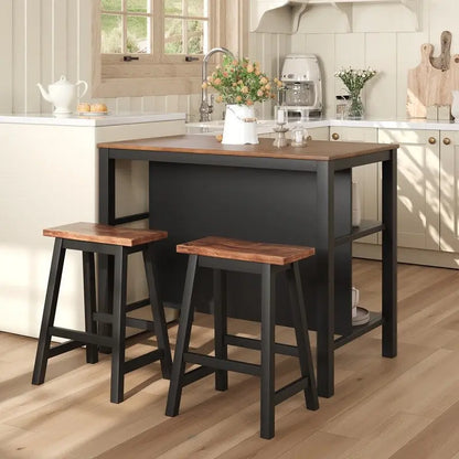 Ensemble îlot de cuisine rustique en bois massif 3 pièces : table fixe de 45 pouces avec deux tabourets et deux étagères ouvertes.