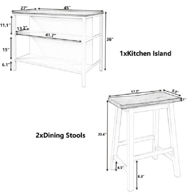 Ensemble îlot de cuisine rustique en bois massif 3 pièces : table fixe de 45 pouces avec deux tabourets et deux étagères ouvertes.