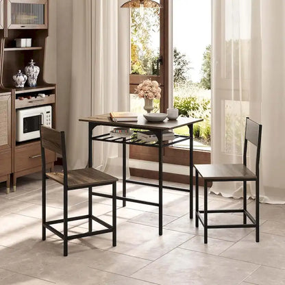 3PCS Dining Table Set Industrial Breakfast Nook Table Set w/ Wine Rack