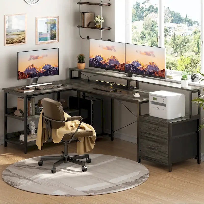 Bureau d'ordinateur réversible en forme de L avec tiroir à dossiers, support pour écran long, station de charge et bandes LED RGB