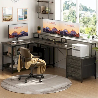 Bureau d'ordinateur réversible en forme de L avec tiroir à dossiers, support pour écran long, station de charge et bandes LED RGB