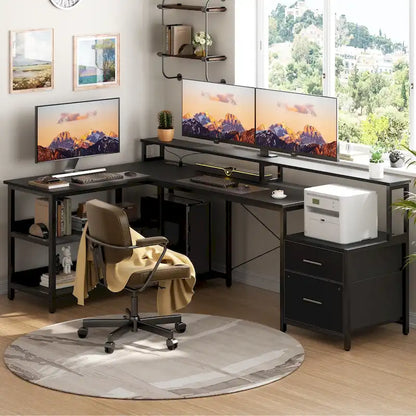 Bureau d'ordinateur réversible en forme de L avec tiroir à dossiers, support pour écran long, station de charge et bandes LED RGB