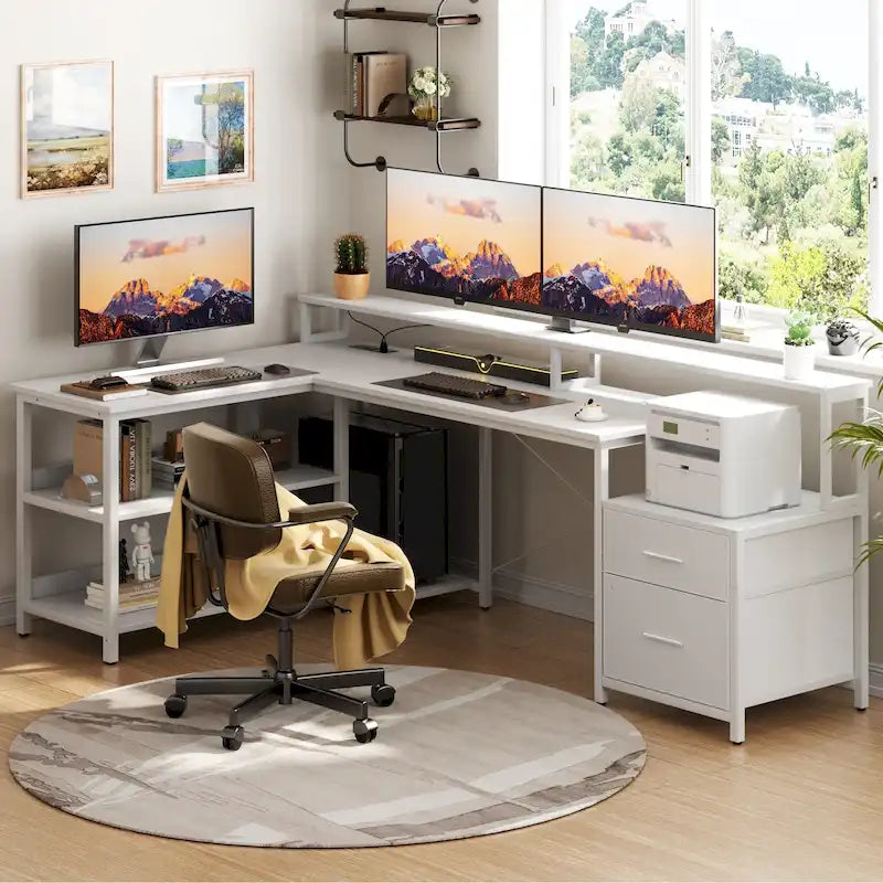 Bureau d'ordinateur réversible en forme de L avec tiroir à dossiers, support pour écran long, station de charge et bandes LED RGB