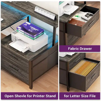 Bureau d'ordinateur réversible en forme de L avec tiroir à dossiers, support pour écran long, station de charge et bandes LED RGB