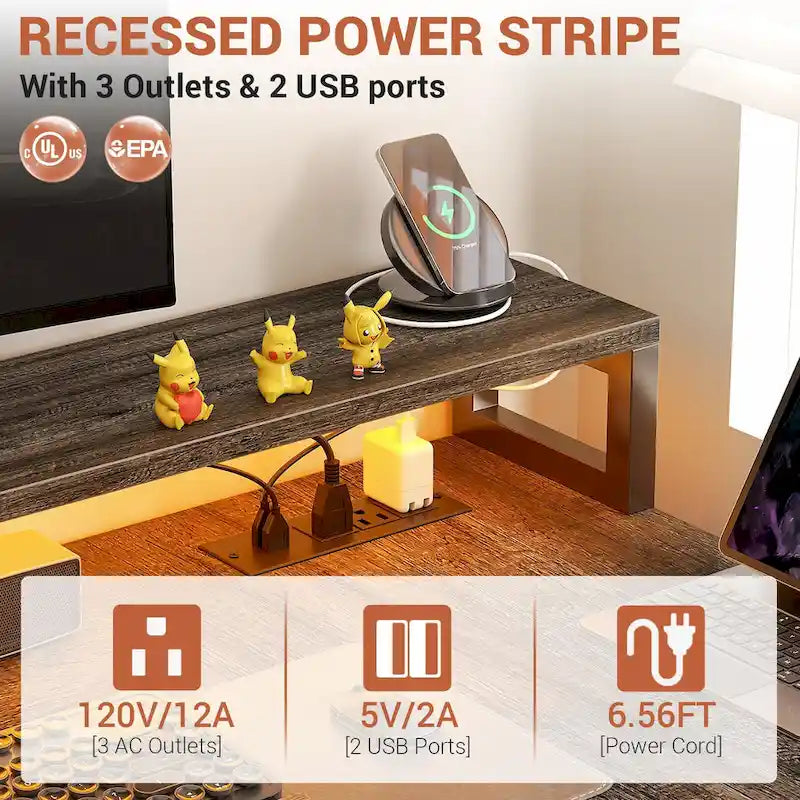 Bureau d'ordinateur réversible en forme de L avec tiroir à dossiers, support pour écran long, station de charge et bandes LED RGB