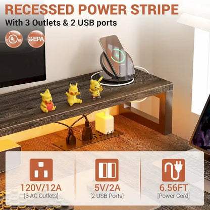 Bureau d'ordinateur réversible en forme de L avec tiroir à dossiers, support pour écran long, station de charge et bandes LED RGB