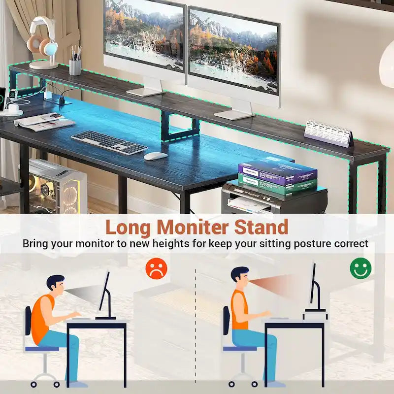Bureau d'ordinateur réversible en forme de L avec tiroir à dossiers, support pour écran long, station de charge et bandes LED RGB