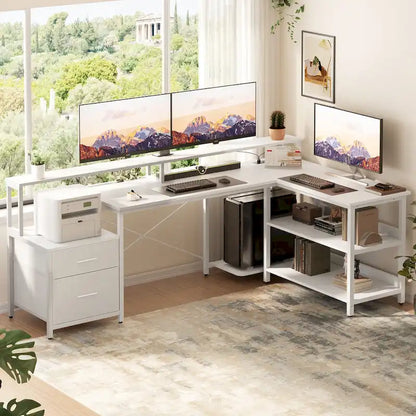 Bureau d'ordinateur réversible en forme de L avec tiroir à dossiers, support pour écran long, station de charge et bandes LED RGB