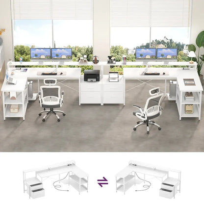 Bureau d'ordinateur réversible en forme de L avec tiroir à dossiers, support pour écran long, station de charge et bandes LED RGB