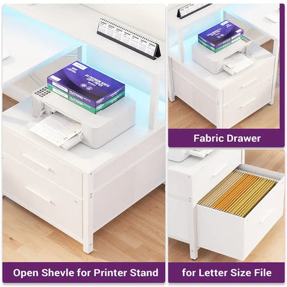 Bureau d'ordinateur réversible en forme de L avec tiroir à dossiers, support pour écran long, station de charge et bandes LED RGB